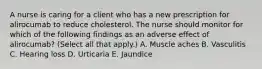 A nurse is caring for a client who has a new prescription for alirocumab to reduce cholesterol. The nurse should monitor for which of the following findings as an adverse effect of alirocumab? (Select all that apply.) A. Muscle aches B. Vasculitis C. Hearing loss D. Urticaria E. Jaundice