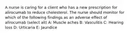 A nurse is caring for a client who has a new prescription for alirocumab to reduce cholesterol. The nurse should monitor for which of the following findings as an adverse effect of alirocumab (select all) A: Muscle aches B: Vasculitis C: Hearing loss D: Urticaria E: Jaundice