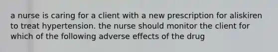 a nurse is caring for a client with a new prescription for aliskiren to treat hypertension. the nurse should monitor the client for which of the following adverse effects of the drug