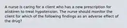 A nurse is caring for a client who has a new prescription for aliskiren to treat hypotension. The nurse should monitor the client for which of the following findings as an adverse effect of the drug?