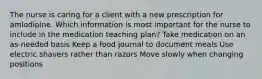 The nurse is caring for a client with a new prescription for amlodipine. Which information is most important for the nurse to include in the medication teaching plan? Take medication on an as-needed basis Keep a food journal to document meals Use electric shavers rather than razors Move slowly when changing positions
