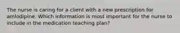 The nurse is caring for a client with a new prescription for amlodipine. Which information is most important for the nurse to include in the medication teaching plan?