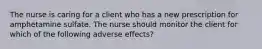 The nurse is caring for a client who has a new prescription for amphetamine sulfate. The nurse should monitor the client for which of the following adverse effects?