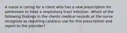 A nurse is caring for a client who has a new prescription for aztreonam to treat a respiratory tract infection. Which of the following findings in the clients medical records at the nurse recognize as requiring cautious use for this prescription and report to the provider?