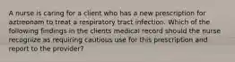 A nurse is caring for a client who has a new prescription for aztreonam to treat a respiratory tract infection. Which of the following findings in the clients medical record should the nurse recognize as requiring cautious use for this prescription and report to the provider?