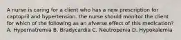 A nurse is caring for a client who has a new prescription for captopril and hypertension. the nurse should monitor the client for which of the following as an afverse effect of this medication? A. Hypernatremia B. Bradycardia C. Neutropenia D. Hypokalemia