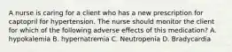 A nurse is caring for a client who has a new prescription for captopril for hypertension. The nurse should monitor the client for which of the following adverse effects of this medication? A. hypokalemia B. hypernatremia C. Neutropenia D. Bradycardia