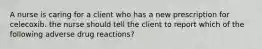 A nurse is caring for a client who has a new prescription for celecoxib. the nurse should tell the client to report which of the following adverse drug reactions?