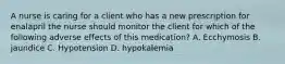 A nurse is caring for a client who has a new prescription for enalapril the nurse should monitor the client for which of the following adverse effects of this medication? A. Ecchymosis B. jaundice C. Hypotension D. hypokalemia