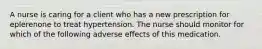 A nurse is caring for a client who has a new prescription for eplerenone to treat hypertension. The nurse should monitor for which of the following adverse effects of this medication.