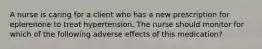 A nurse is caring for a client who has a new prescription for eplerenone to treat hypertension. The nurse should monitor for which of the following adverse effects of this medication?