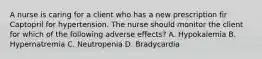 A nurse is caring for a client who has a new prescription fir Captopril for hypertension. The nurse should monitor the client for which of the following adverse effects? A. Hypokalemia B. Hypernatremia C. Neutropenia D. Bradycardia