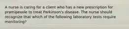 A nurse is caring for a client who has a new prescription for pramipexole to treat Parkinson's disease. The nurse should recognize that which of the following laboratory tests require monitoring?