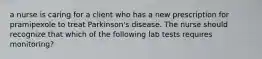 a nurse is caring for a client who has a new prescription for pramipexole to treat Parkinson's disease. The nurse should recognize that which of the following lab tests requires monitoring?