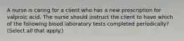 A nurse is caring for a client who has a new prescription for valproic acid. The nurse should instruct the client to have which of the following blood laboratory tests completed periodically? (Select all that apply.)