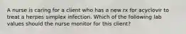 A nurse is caring for a client who has a new rx for acyclovir to treat a herpes simplex infection. Which of the following lab values should the nurse monitor for this client?