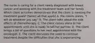 The nurse is caring for a client newly diagnosed with breast cancer and working with the treatment team and her family. Which client activities demonstrate that the client is meeting the treatment goals? (Select all that apply) A. the clients states, "I will do whatever you say." B. The client talks about the side effects of chemotherapy. C. The client comes alone to her appointments until she is ready to tell her partner. D. The client brings a list of questions to her next appointment with the oncologist. E. The client discusses the need to continue treatment despite the difficulties that she is experiencing