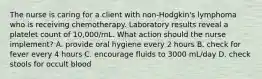 The nurse is caring for a client with non-Hodgkin's lymphoma who is receiving chemotherapy. Laboratory results reveal a platelet count of 10,000/mL. What action should the nurse implement? A. provide oral hygiene every 2 hours B. check for fever every 4 hours C. encourage fluids to 3000 mL/day D. check stools for occult blood