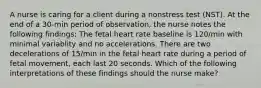 A nurse is caring for a client during a nonstress test (NST). At the end of a 30-min period of observation, the nurse notes the following findings: The fetal heart rate baseline is 120/min with minimal variablity and no accelerations. There are two decelerations of 15/min in the fetal heart rate during a period of fetal movement, each last 20 seconds. Which of the following interpretations of these findings should the nurse make?