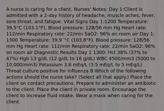 A nurse is caring for a client. Nurses' Notes: Day 1:Client is admitted with a 2-day history of headache, muscle aches, fever, sore throat, and fatigue. Vital Signs Day 1:1200 Temperature: 39.5°C (103.1°F). <a href='https://www.questionai.com/knowledge/kD0HacyPBr-blood-pressure' class='anchor-knowledge'>blood pressure</a>: 128/56 mm Hg Heart rate: 112/min Respiratory rate: 22/min SaO2: 96% on room air Day 1: 1300 Temperature: 39.9¨°C (103.8°F). Blood pressure: 128/56 mm Hg Heart rate: 112/min Respiratory rate: 22/min SaO2: 96% on room air Diagnostic Results Day 1 1300: Hct 38% (37% to 47%) Hgb 13 g/dL (12 g/dL to 16 g/dL) WBC 4500/mm3 (5000 to 10,000/mm3) Potassium 3.6 mEq/L (3.5 mEq/L to 5 mEq/L) Throat culture positive for influenza B Which of the following actions should the nurse take? (Select all that apply.) Place the client on contact precautions. Prepare to administer an antibiotic to the client. Place the client in private room. Encourage the client to increase fluid intake. Wear a mask when caring for the client.