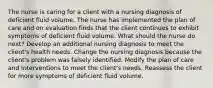 The nurse is caring for a client with a nursing diagnosis of deficient fluid volume. The nurse has implemented the plan of care and on evaluation finds that the client continues to exhibit symptoms of deficient fluid volume. What should the nurse do next? Develop an additional nursing diagnosis to meet the client's health needs. Change the nursing diagnosis because the client's problem was falsely identified. Modify the plan of care and interventions to meet the client's needs. Reassess the client for more symptoms of deficient fluid volume.