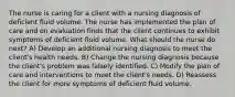 The nurse is caring for a client with a nursing diagnosis of deficient fluid volume. The nurse has implemented the plan of care and on evaluation finds that the client continues to exhibit symptoms of deficient fluid volume. What should the nurse do next? A) Develop an additional nursing diagnosis to meet the client's health needs. B) Change the nursing diagnosis because the client's problem was falsely identified. C) Modify the plan of care and interventions to meet the client's needs. D) Reassess the client for more symptoms of deficient fluid volume.