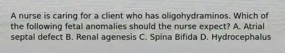 A nurse is caring for a client who has oligohydraminos. Which of the following fetal anomalies should the nurse expect? A. Atrial septal defect B. Renal agenesis C. Spina Bifida D. Hydrocephalus