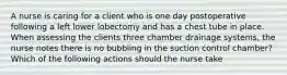 A nurse is caring for a client who is one day postoperative following a left lower lobectomy and has a chest tube in place. When assessing the clients three chamber drainage systems, the nurse notes there is no bubbling in the suction control chamber? Which of the following actions should the nurse take