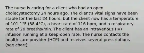 The nurse is caring for a client who had an open cholecystectomy 24 hours ago. The client's vital signs have been stable for the last 24 hours, but the client now has a temperature of 101.1°F (38.4°C), a heart rate of 116 bpm, and a respiratory rate of 26 breaths/min. The client has an intravenous (IV) infusion running at a keep-open rate. The nurse contacts the health care provider (HCP) and receives several prescriptions (see chart).