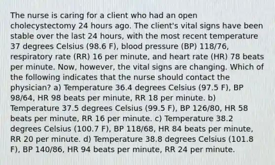 The nurse is caring for a client who had an open cholecystectomy 24 hours ago. The client's vital signs have been stable over the last 24 hours, with the most recent temperature 37 degrees Celsius (98.6 F), blood pressure (BP) 118/76, respiratory rate (RR) 16 per minute, and heart rate (HR) 78 beats per minute. Now, however, the vital signs are changing. Which of the following indicates that the nurse should contact the physician? a) Temperature 36.4 degrees Celsius (97.5 F), BP 98/64, HR 98 beats per minute, RR 18 per minute. b) Temperature 37.5 degrees Celsius (99.5 F), BP 126/80, HR 58 beats per minute, RR 16 per minute. c) Temperature 38.2 degrees Celsius (100.7 F), BP 118/68, HR 84 beats per minute, RR 20 per minute. d) Temperature 38.8 degrees Celsius (101.8 F), BP 140/86, HR 94 beats per minute, RR 24 per minute.