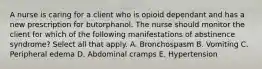 A nurse is caring for a client who is opioid dependant and has a new prescription for butorphanol. The nurse should monitor the client for which of the following manifestations of abstinence syndrome? Select all that apply. A. Bronchospasm B. Vomiting C. Peripheral edema D. Abdominal cramps E. Hypertension