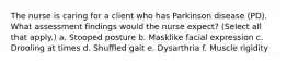 The nurse is caring for a client who has Parkinson disease (PD). What assessment findings would the nurse expect? (Select all that apply.) a. Stooped posture b. Masklike facial expression c. Drooling at times d. Shuffled gait e. Dysarthria f. Muscle rigidity