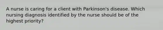 A nurse is caring for a client with Parkinson's disease. Which nursing diagnosis identified by the nurse should be of the highest priority?