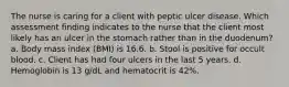 The nurse is caring for a client with peptic ulcer disease. Which assessment finding indicates to the nurse that the client most likely has an ulcer in the stomach rather than in the duodenum? a. Body mass index (BMI) is 16.6. b. Stool is positive for occult blood. c. Client has had four ulcers in the last 5 years. d. Hemoglobin is 13 g/dL and hematocrit is 42%.