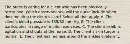 The nurse is caring for a client who has been physically restrained. Which observation(s) will the nurse include when documenting the client's care? Select all that apply. A. The client's blood pressure is 135/82 mm Hg. B. The client participates in range-of-motion exercises. C. The client exhibits agitation and shouts at the nurse. D. The client's skin turgor is normal. E. The client has redness around the ankles bilaterally.