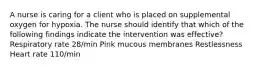 A nurse is caring for a client who is placed on supplemental oxygen for hypoxia. The nurse should identify that which of the following findings indicate the intervention was effective? Respiratory rate 28/min Pink mucous membranes Restlessness Heart rate 110/min