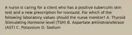 A nurse is caring for a client who has a positive tuberculin skin test and a new prescription for isoniazid. For which of the following laboratory values should the nurse monitor? A. Thyroid Stimulating Hormone level (TSH) B. Aspartate aminotransferase (AST) C. Potassium D. Sodium