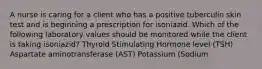 A nurse is caring for a client who has a positive tuberculin skin test and is beginning a prescription for isoniazid. Which of the following laboratory values should be monitored while the client is taking isoniazid? Thyroid Stimulating Hormone level (TSH) Aspartate aminotransferase (AST) Potassium (Sodium