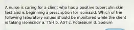 A nurse is caring for a client who has a positive tuberculin skin test and is beginning a prescription for isoniazid. Which of the following laboratory values should be monitored while the client is taking isoniazid? a. TSH b. AST c. Potassium d. Sodium