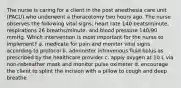 The nurse is caring for a client in the post anesthesia care unit (PACU) who underwent a thoracotomy two hours ago. The nurse observes the following vital signs; heart rate 140 beats/minute, respirations 26 breaths/minute, and blood pressure 140/90 mmHg. Which intervention is most important for the nurse to implement? a. medicate for pain and monitor vital signs according to protocol b. administer intravenous fluid bolus as prescribed by the healthcare provider c. apply oxygen at 10 L via non-rebreather mask and monitor pulse oximeter d. encourage the client to splint the incision with a pillow to cough and deep breathe