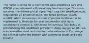 The nurse is caring for a client in the post anesthesia care unit (PACU) who underwent a thoracotomy two hours ago. The nurse observes the following vital signs: heart rate 140 breaths/minute, respirations 26 breaths/minute, and blood pressure 140/90 mmHG. Which intervention is most important for the nurse to implement? a. Medicate for pain and monitor vital signs according to protocol b. Administer intravenous fluid bolus as prescribed by the healthcare provider c. Apply oxygen at 10 L via non-rebreather mask and monitor pulse oximeter d. Encourage the client to splint the incision with a pillow to cough and deep breathe.