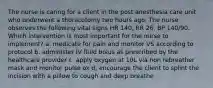 The nurse is caring for a client in the post anesthesia care unit who underwent a thoracotomy two hours ago. The nurse observes the following vital signs HR 140, RR 26, BP 140/90. Which intervention is most important for the nurse to implement? a. medicate for pain and monitor VS according to protocol b. administer IV fluid bolus as prescribed by the healthcare provider c. apply oxygen at 10L via non rebreather mask and monitor pulse ox d, encourage the client to splint the incision with a pillow to cough and deep breathe