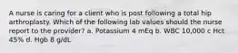 A nurse is caring for a client who is post following a total hip arthroplasty. Which of the following lab values should the nurse report to the provider? a. Potassium 4 mEq b. WBC 10,000 c Hct 45% d. Hgb 8 g/dL