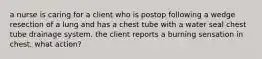 a nurse is caring for a client who is postop following a wedge resection of a lung and has a chest tube with a water seal chest tube drainage system. the client reports a burning sensation in chest. what action?