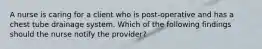 A nurse is caring for a client who is post-operative and has a chest tube drainage system. Which of the following findings should the nurse notify the provider?