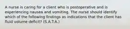 A nurse is caring for a client who is postoperative and is experiencing nausea and vomiting. The nurse should identify which of the following findings as indications that the client has fluid volume deficit? (S.A.T.A.)