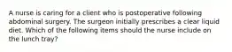 A nurse is caring for a client who is postoperative following abdominal surgery. The surgeon initially prescribes a clear liquid diet. Which of the following items should the nurse include on the lunch tray?