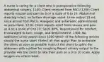 A nurse is caring for a client who is postoperative following abdominal surgery. 1100: Client received from PACU 1200: Client reports nausea and pain as 8 on a scale of 0 to 10. Abdominal dressing intact, no further drainage noted. Urine output 15 mL since arrival from PACU. Analgesic and antiemetic administered as prescribed. 1230: Client reports relief from nausea and pain as 4 on a scale of 0 to 10. SaO2 96%. Repositioned for comfort. Encouraged to turn, cough, and deep breathe. 1300: No additional urine output since 1200 Which of the following actions should the nurse take? (Select all that apply) Plan to ambulate the client as soon as possible Instruct the client to splint the abdomen with a pillow for coughing Report urinary output to the provider Ask the client to rate their pain on a 0 to 10 scale. Apply oxygen via a face mask.