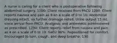 A nurse is caring for a client who is postoperative following abdominal surgery. 1100: Client received from PACU 1200: Client reports nausea and pain as 8 on a scale of 0 to 10. Abdominal dressing intact, no further drainage noted. Urine output 15 mL since arrival from PACU. Analgesic and antiemetic administered as prescribed. 1230: Client reports relief from nausea and pain as 4 on a scale of 0 to 10. SaO2 96%. Repositioned for comfort. Encouraged to turn, cough, and deep breathe. 130