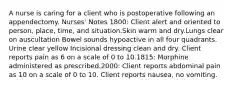 A nurse is caring for a client who is postoperative following an appendectomy. Nurses' Notes 1800: Client alert and oriented to person, place, time, and situation.Skin warm and dry.Lungs clear on auscultation Bowel sounds hypoactive in all four quadrants. Urine clear yellow Incisional dressing clean and dry. Client reports pain as 6 on a scale of 0 to 10.1815: Morphine administered as prescribed.2000: Client reports abdominal pain as 10 on a scale of 0 to 10. Client reports nausea, no vomiting.